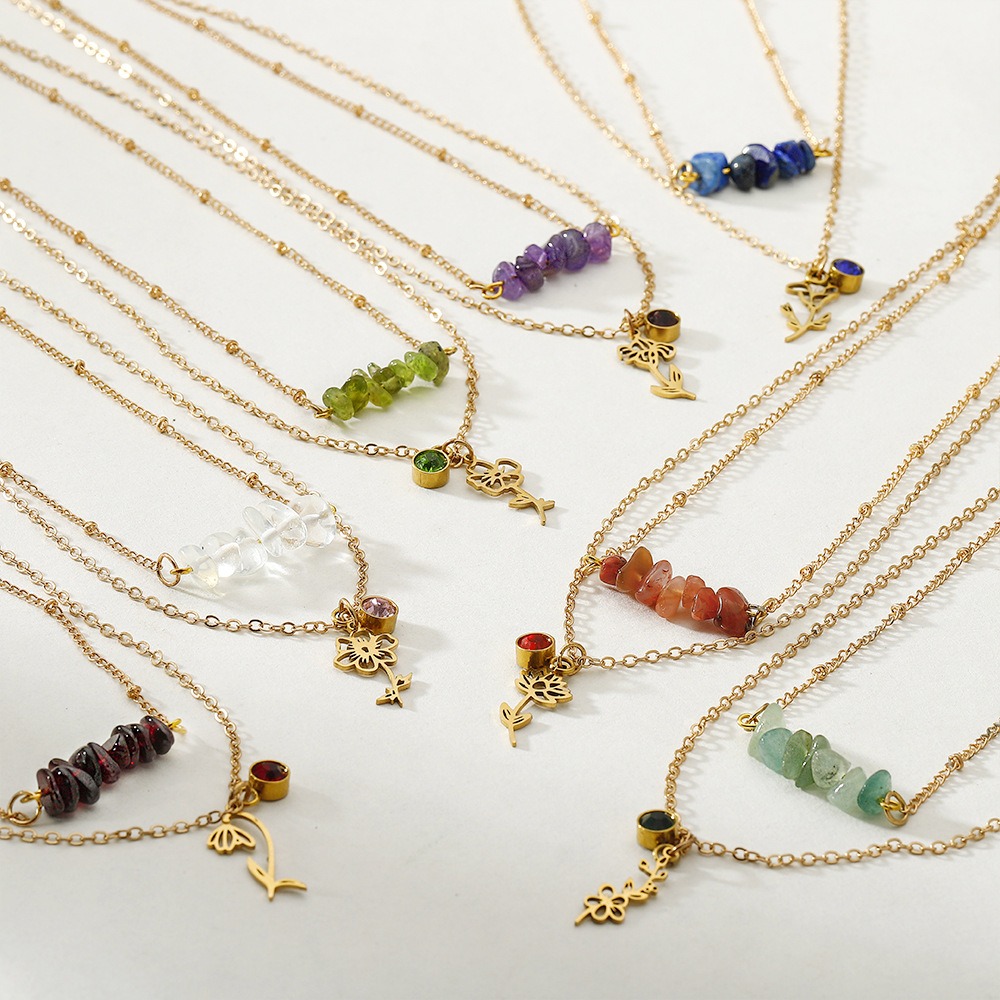 Birth Flower Necklace - Ожерелье женское многослойное из нержавеющей стали
